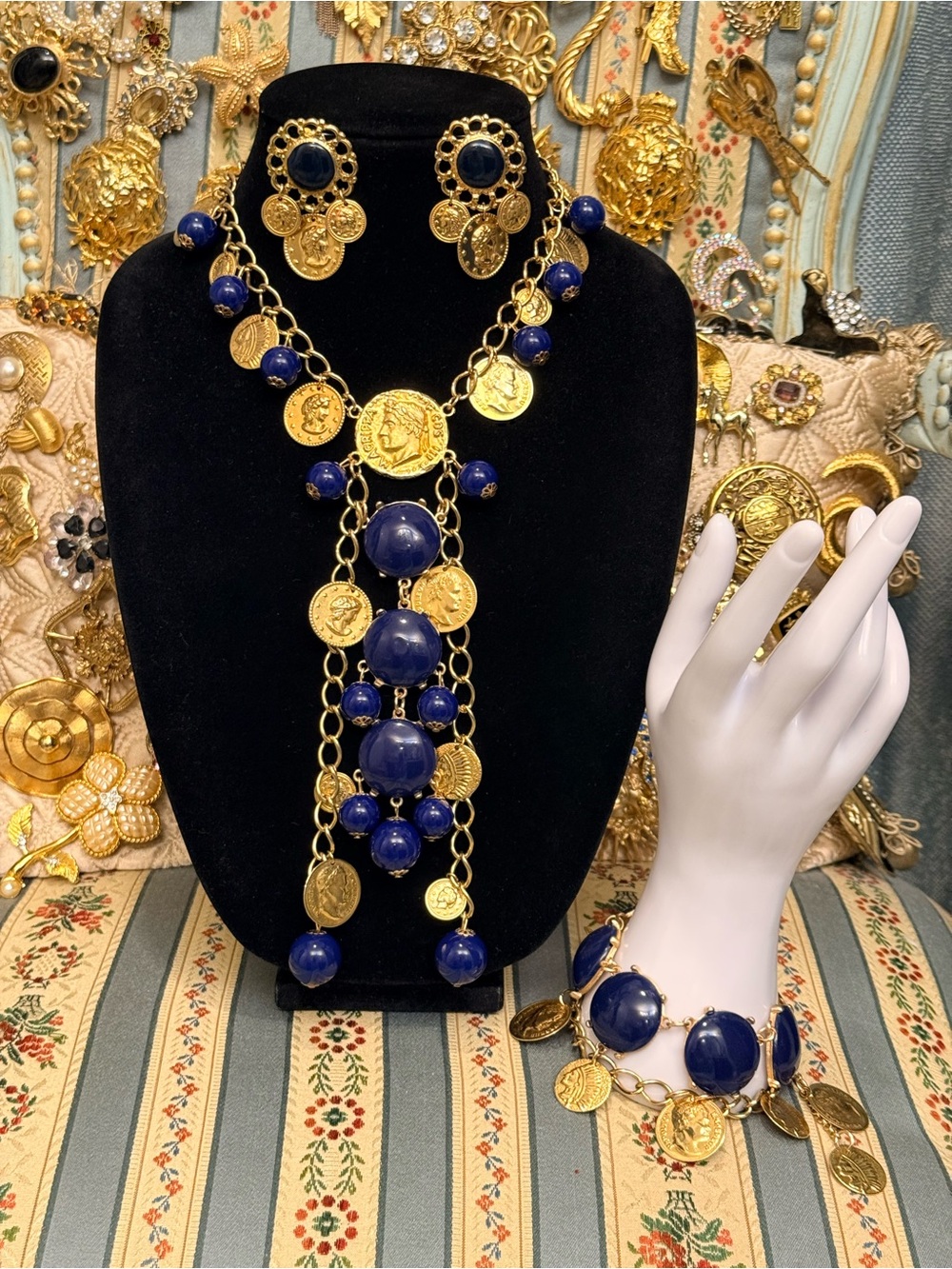 Vintage Roma Gold Coin Blue Custom Jewelry Set